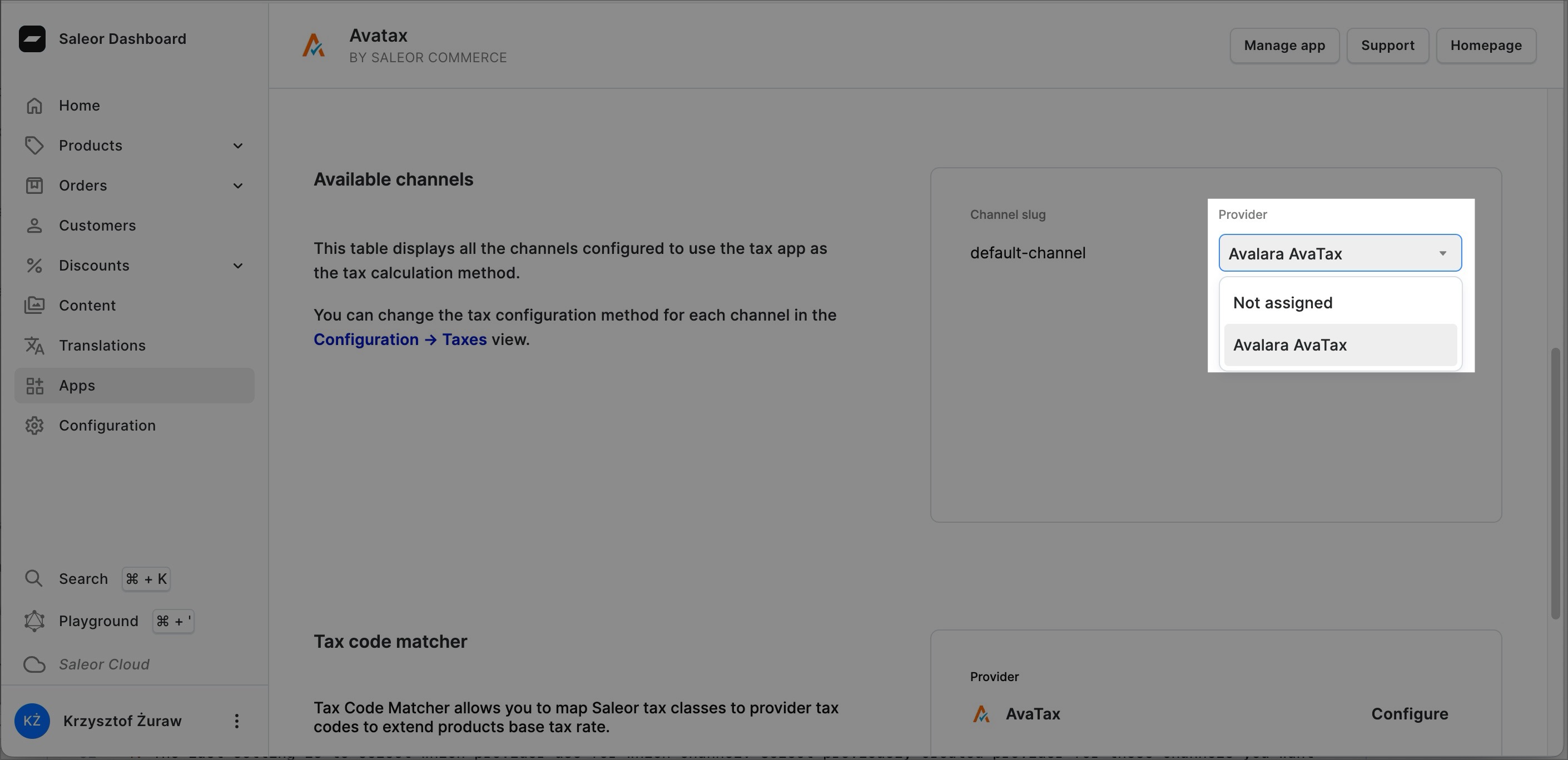 A screenshot of the Saleor Dashboard in the &quot;AvaTax&quot; app section.The main area displays &quot;Available channels,&quot; indicating that the table shows channels configured to use the AvaTax app for tax calculations.